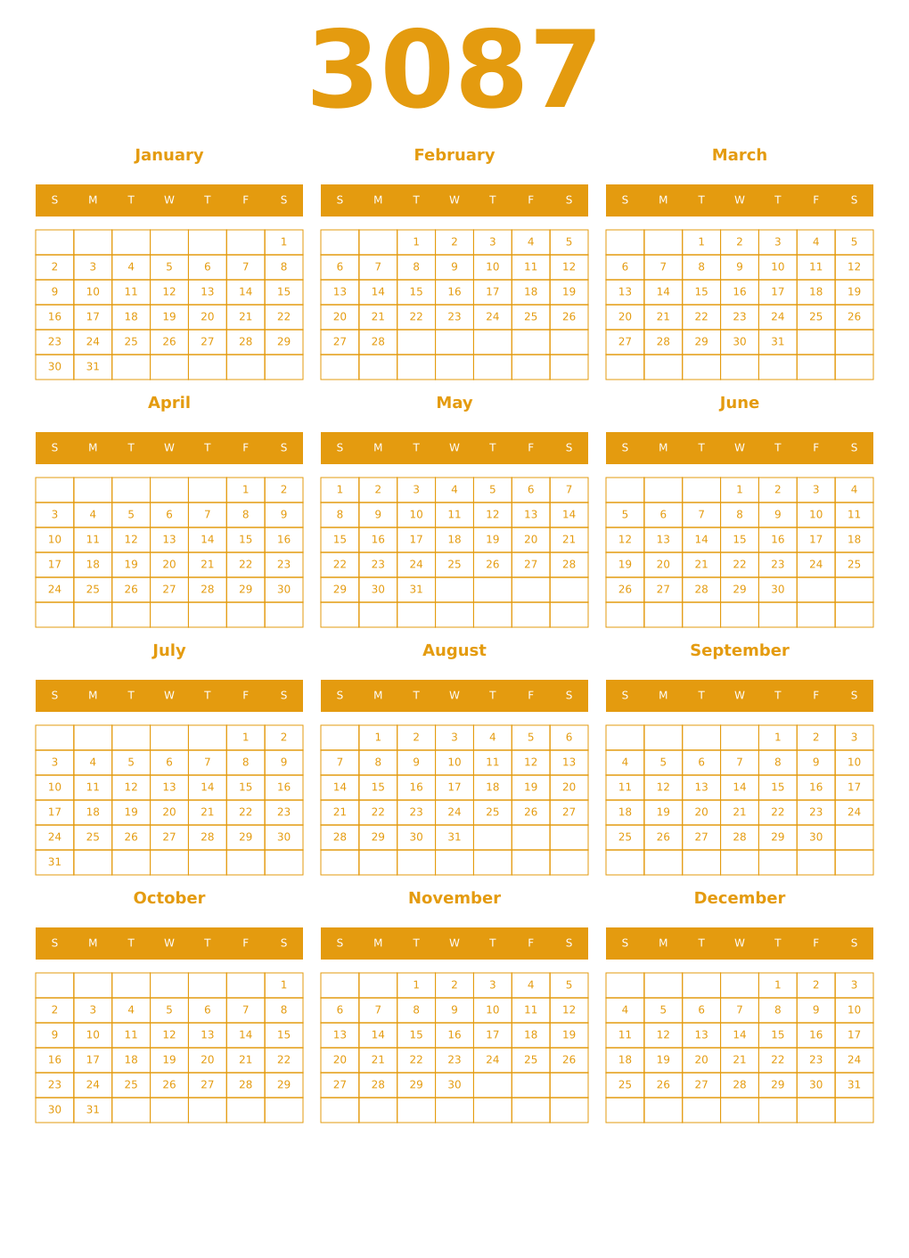 Printable 3087 Year Calendars gamboge