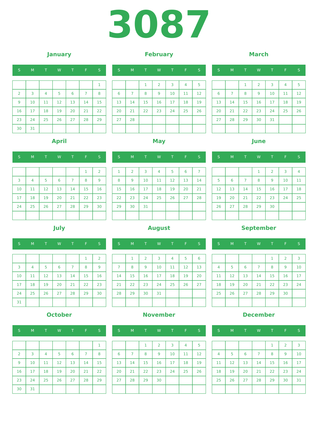 Printable 3087 Year Calendars green