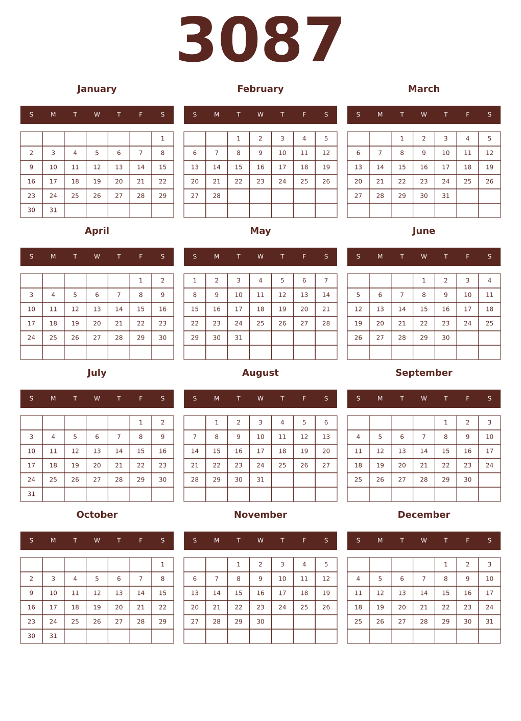 Printable 3087 Year Calendars mortuum