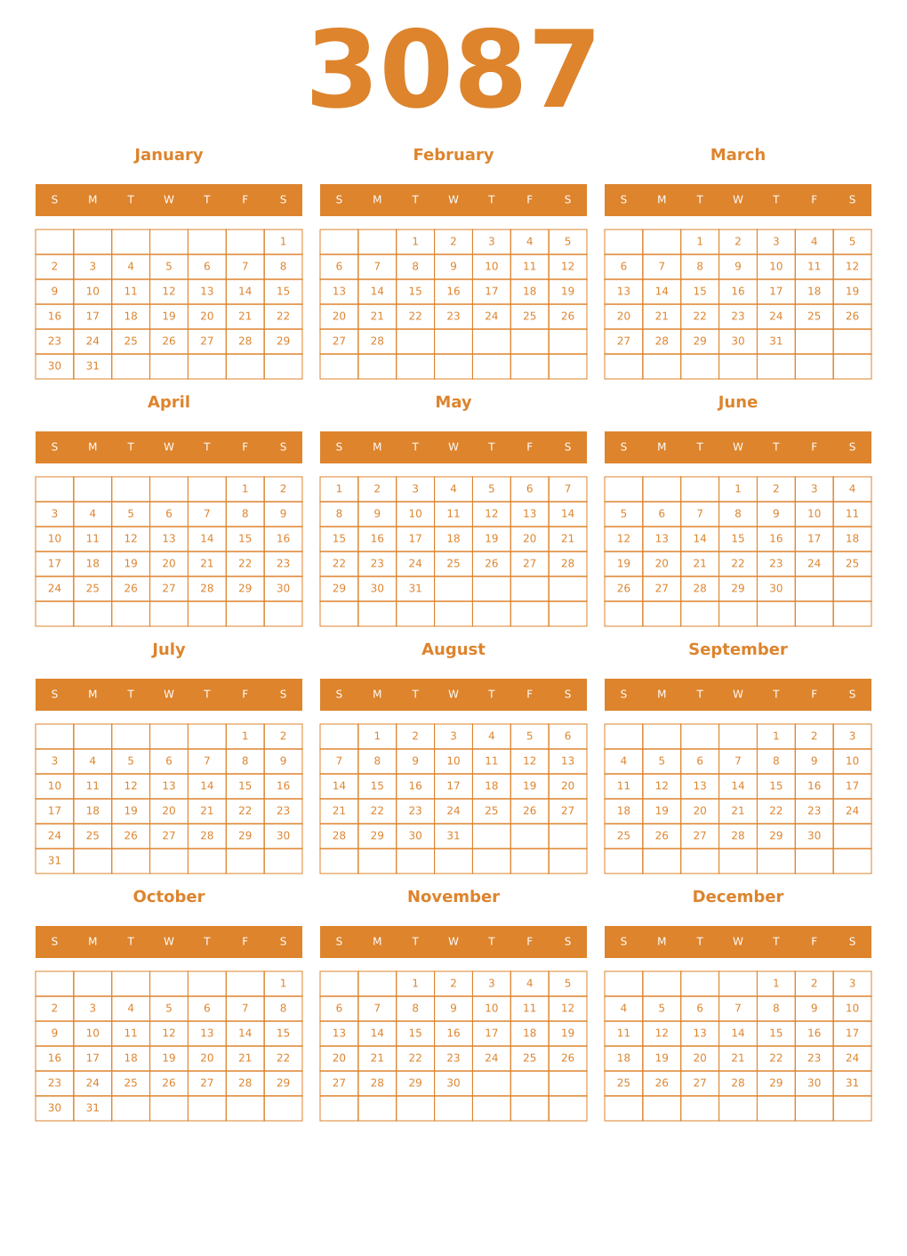 Printable 3087 Year Calendars orange