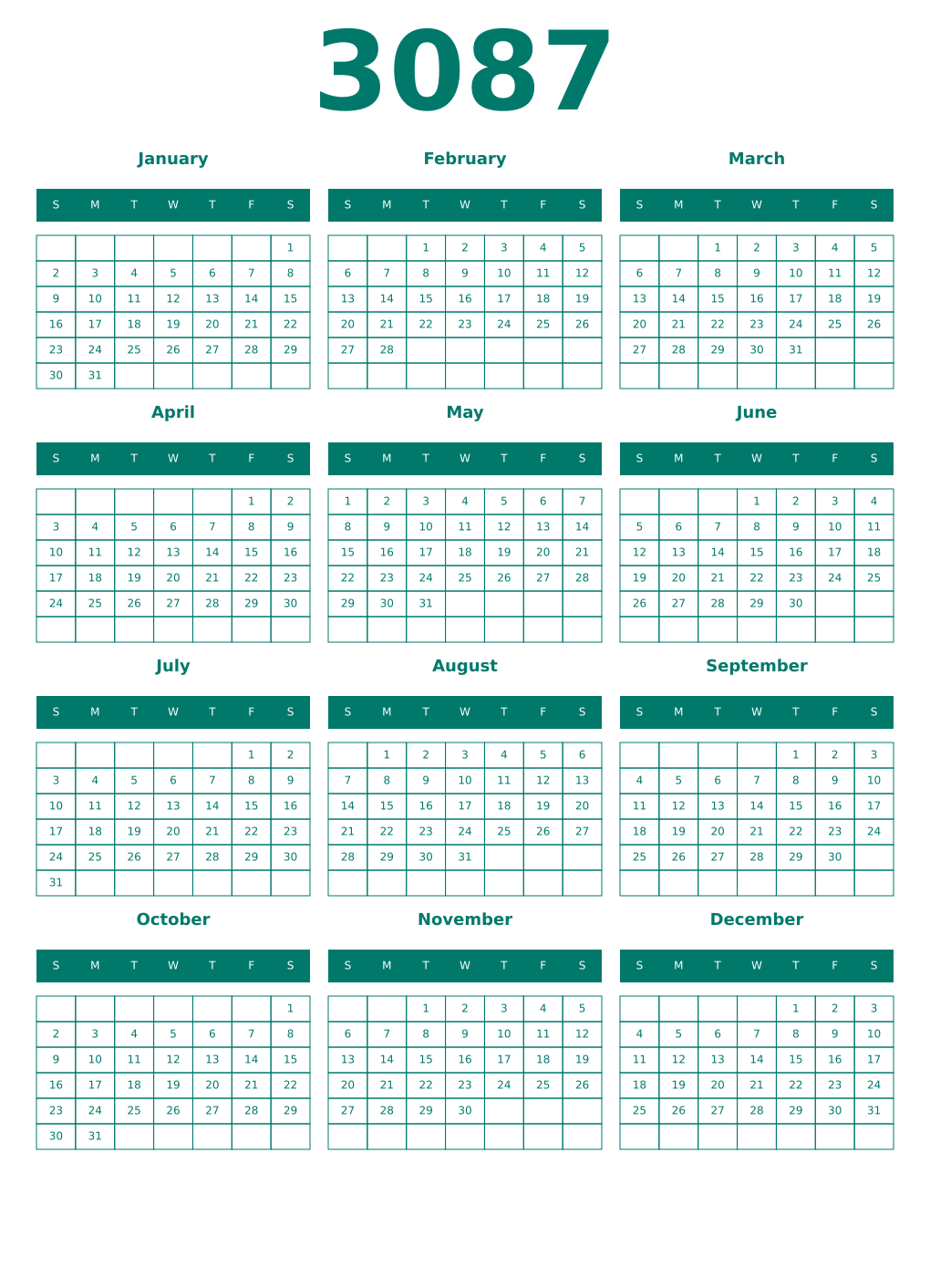 Printable 3087 Year Calendars pastel