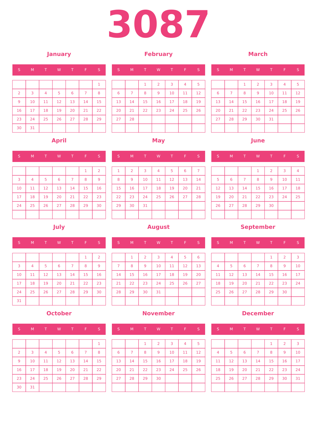 Printable 3087 Year Calendars pink
