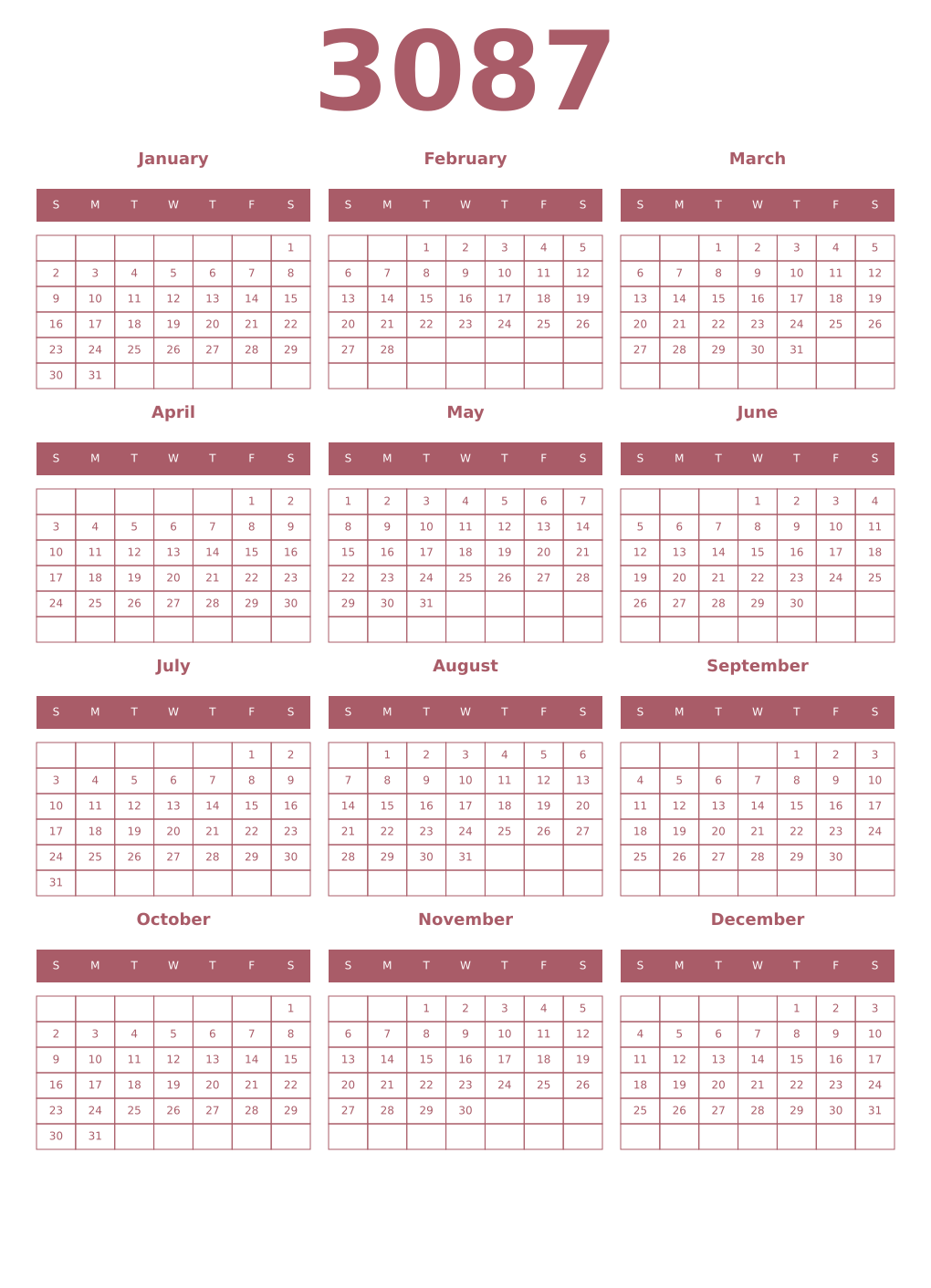 Printable 3087 Year Calendars puce