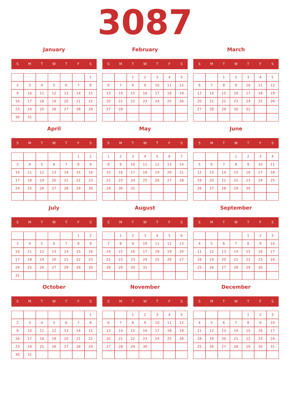 Printable 3087 Year Calendars red