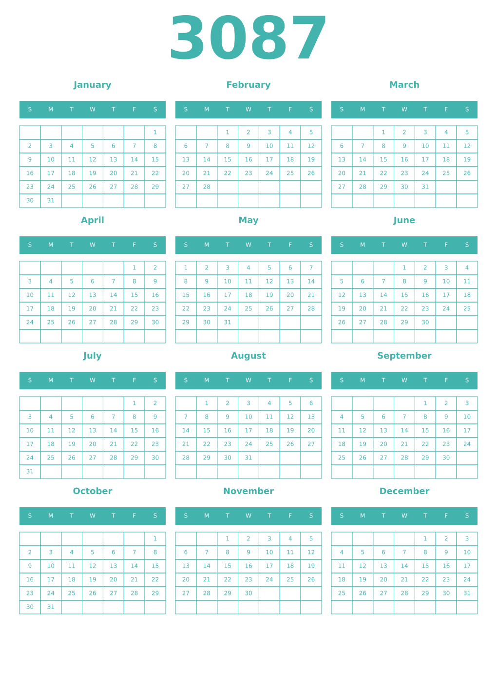 Printable 3087 Year Calendars verdigris