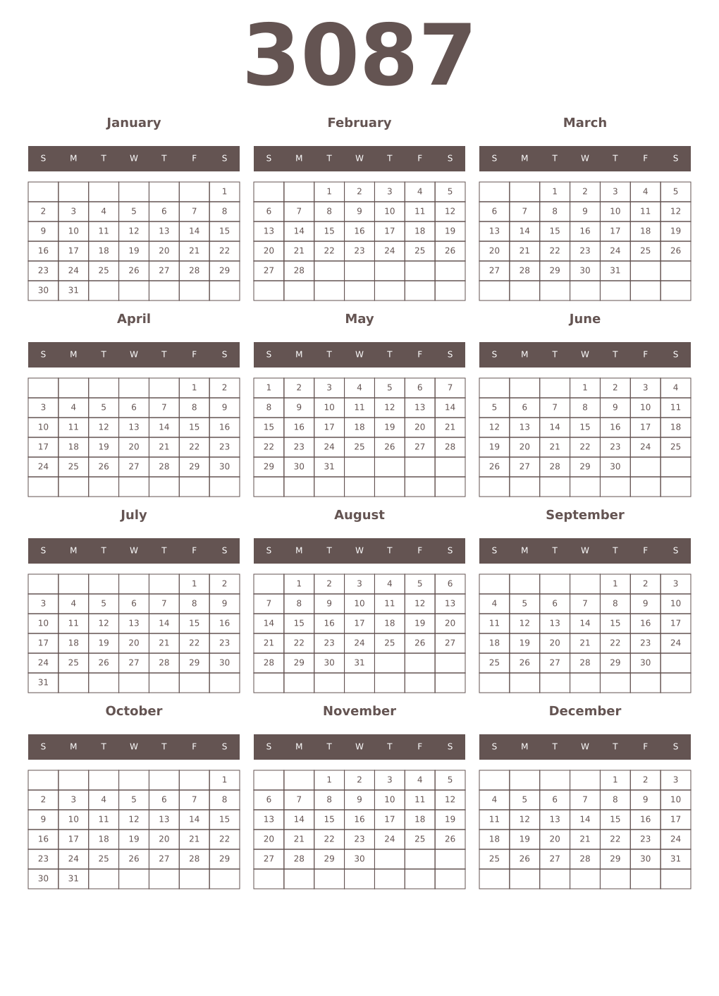 Printable 3087 Year Calendars wenge