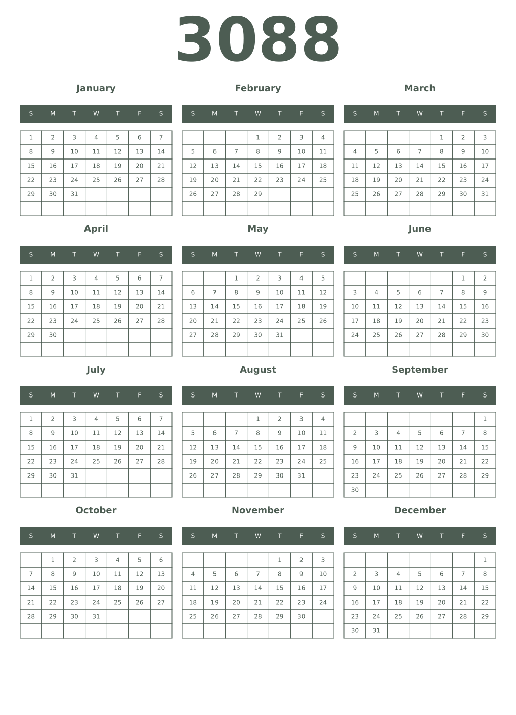 Printable 3088 Year Calendars feldgrau