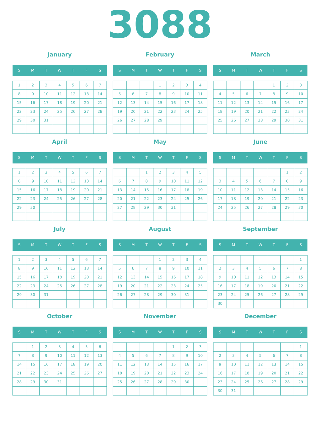 Printable 3088 Year Calendars verdigris