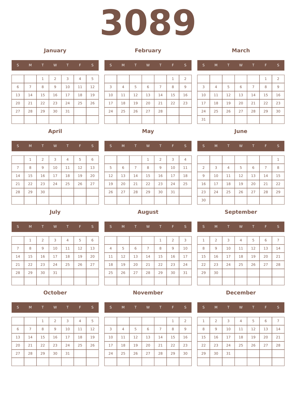 Printable 3089 Year Calendars coffe
