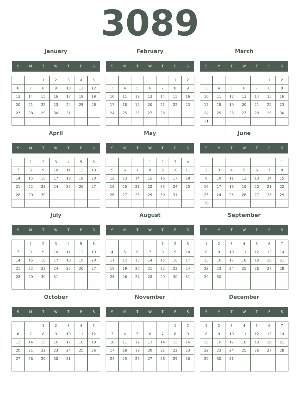 Printable 3089 Year Calendars feldgrau