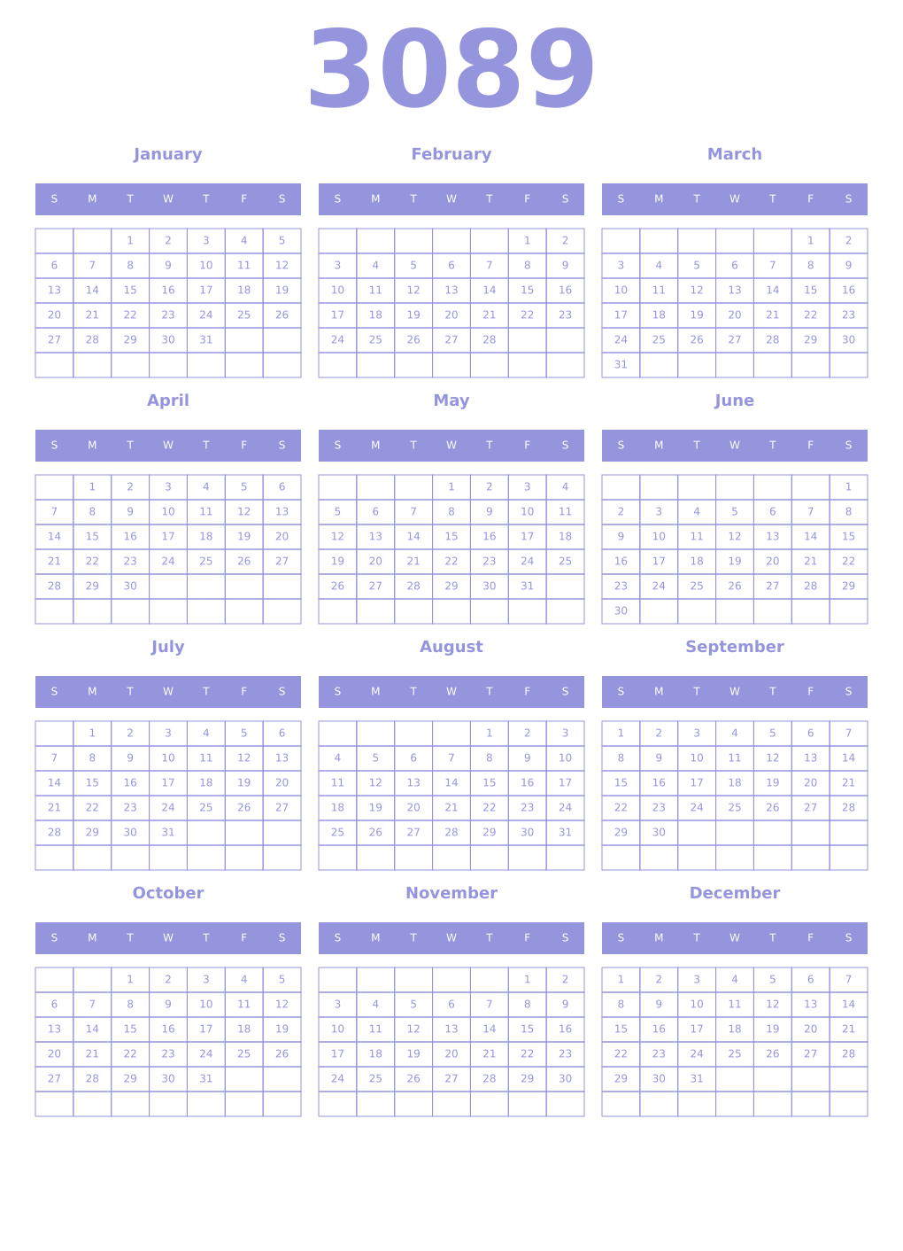 Printable 3089 Year Calendars periwinkle