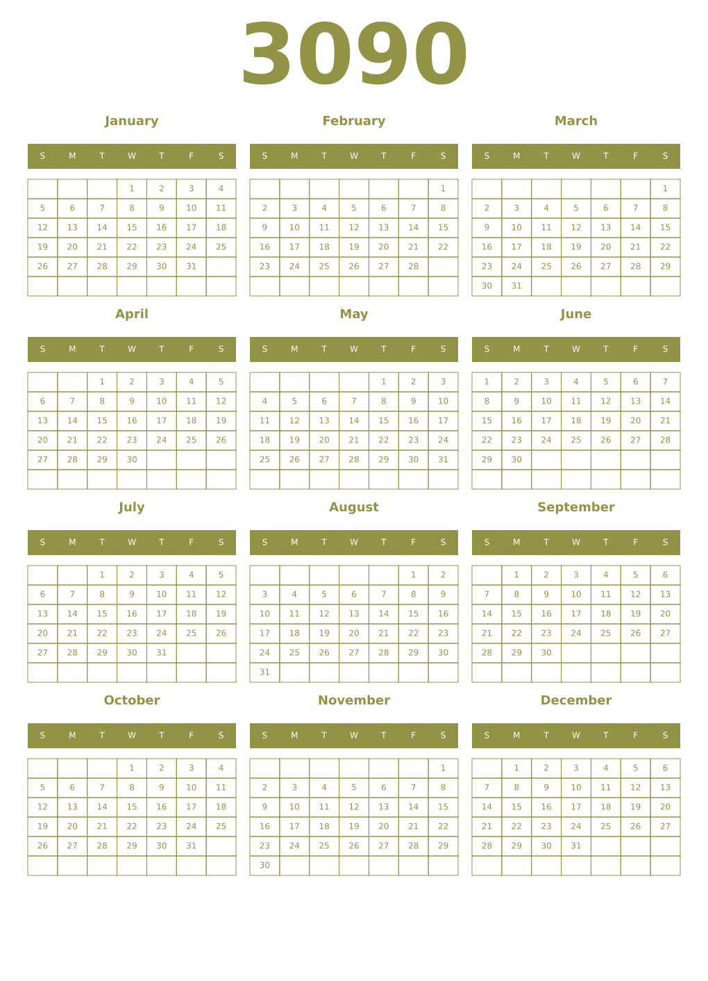 Printable 3090 Year Calendars eburnean