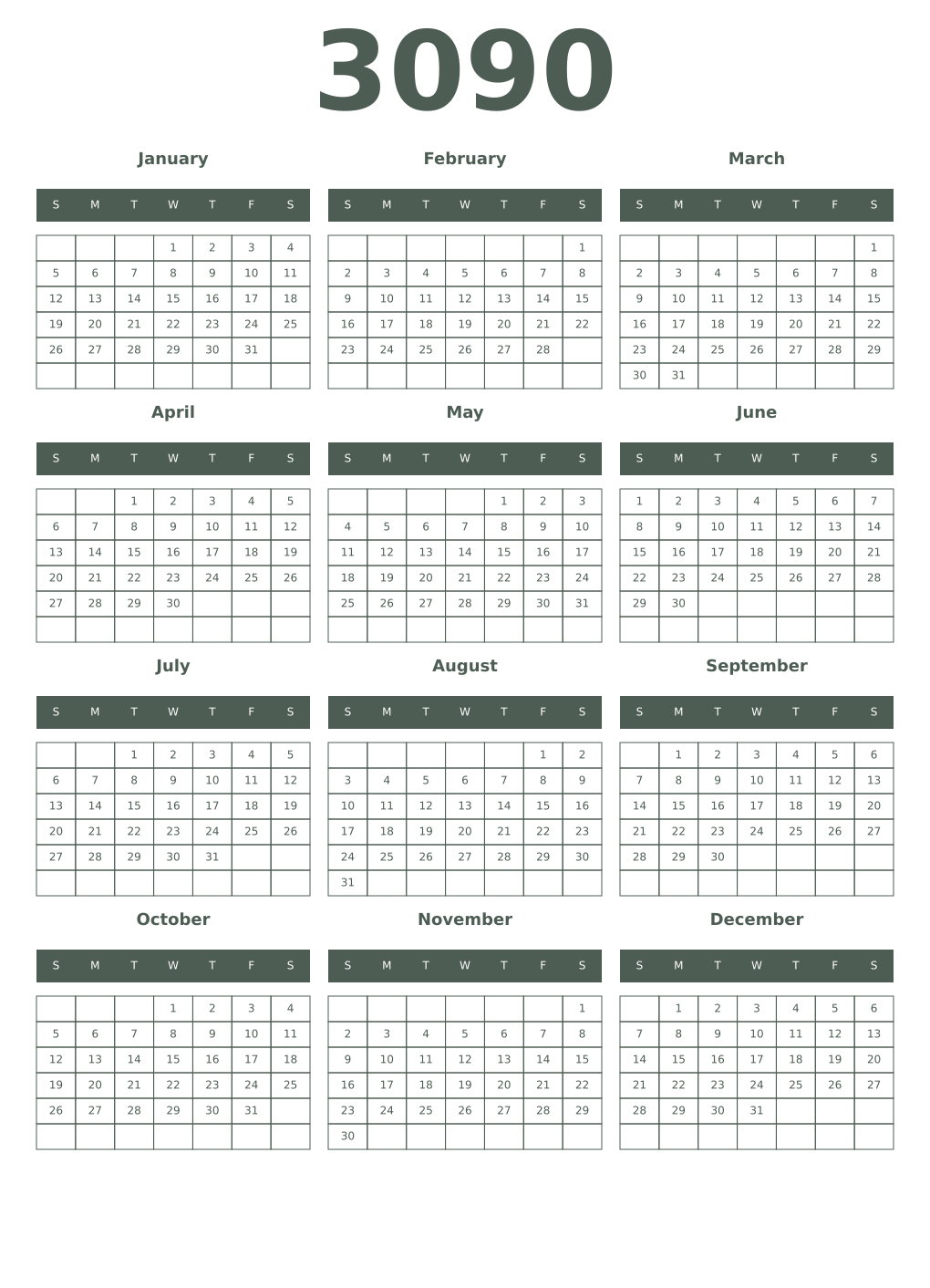 Printable 3090 Year Calendars feldgrau
