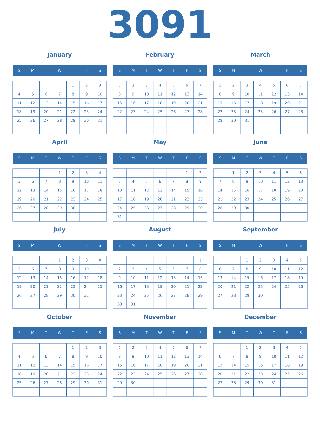 Printable 3091 Year Calendars blue