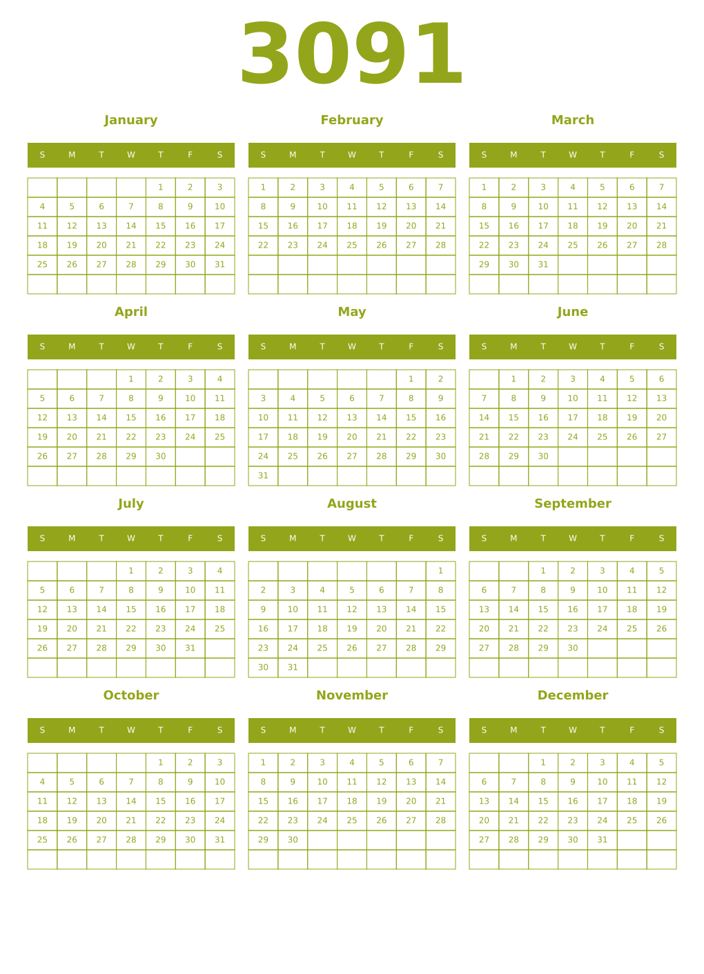 Printable 3091 Year Calendars chartreuse