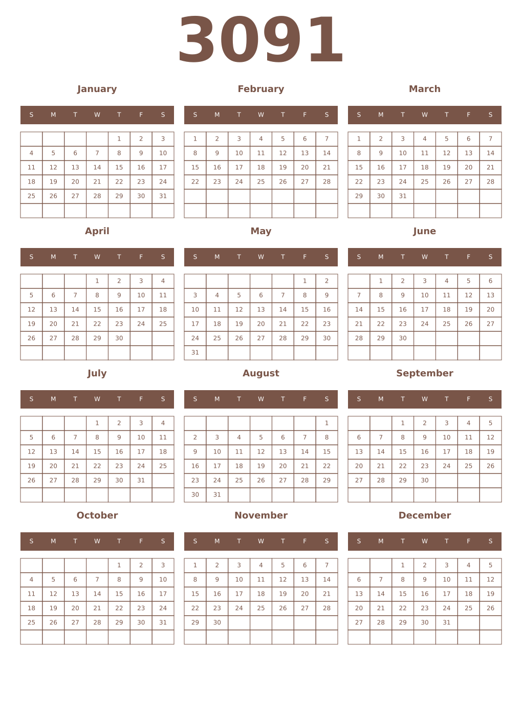 Printable 3091 Year Calendars coffe