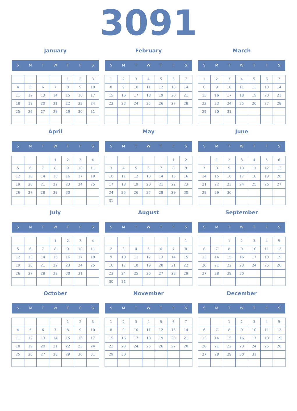 Printable 3091 Year Calendars glaucous
