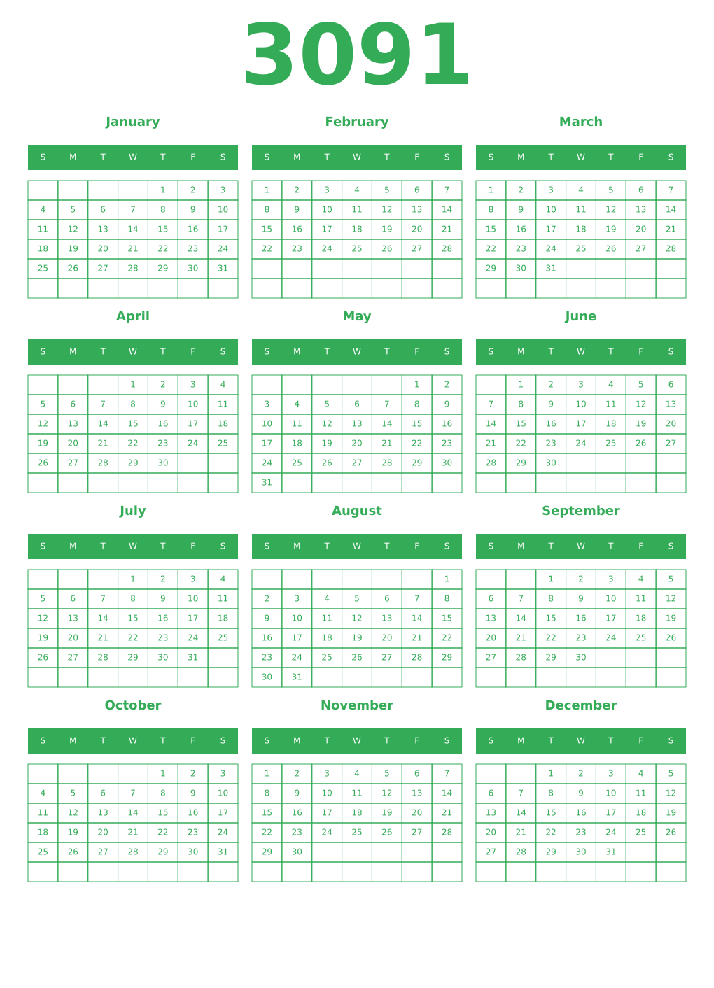 Printable 3091 Year Calendars green