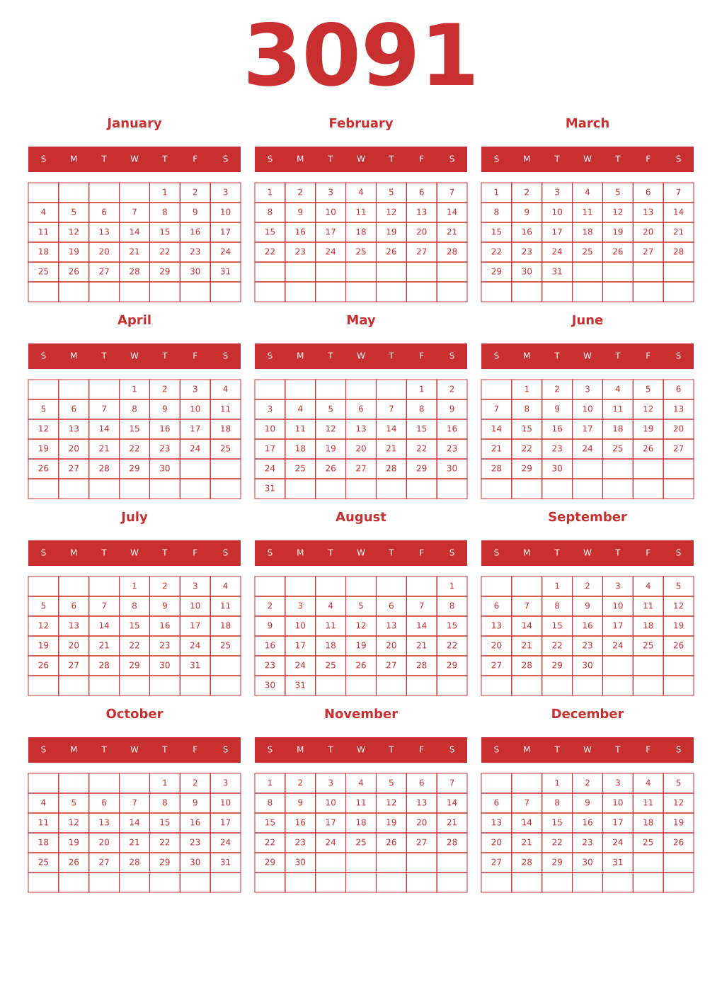 Printable 3091 Year Calendars red