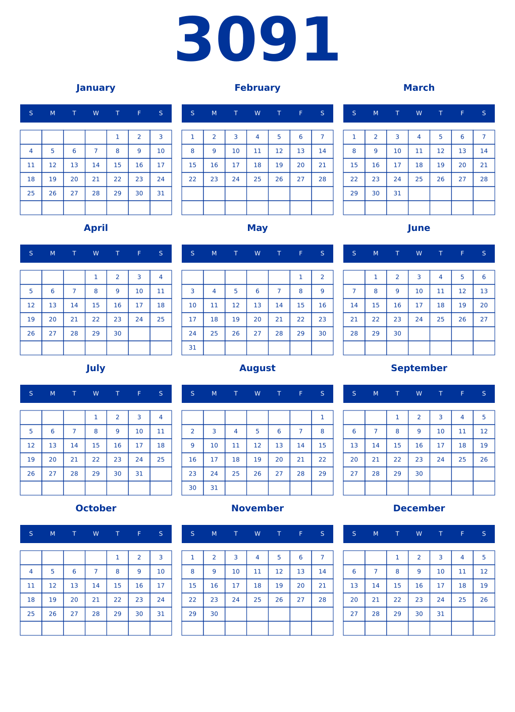 Printable 3091 Year Calendars smalt