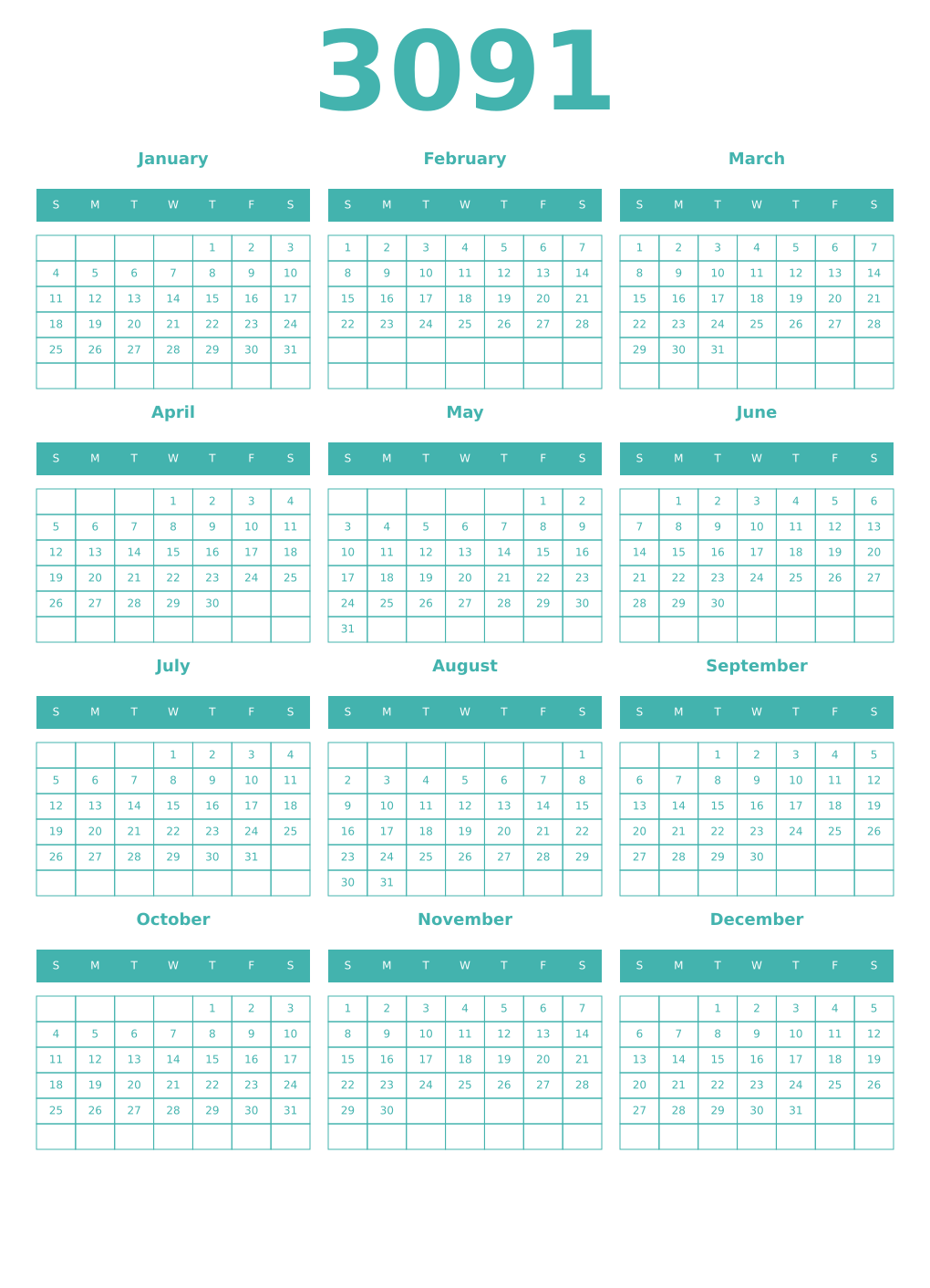 Printable 3091 Year Calendars verdigris