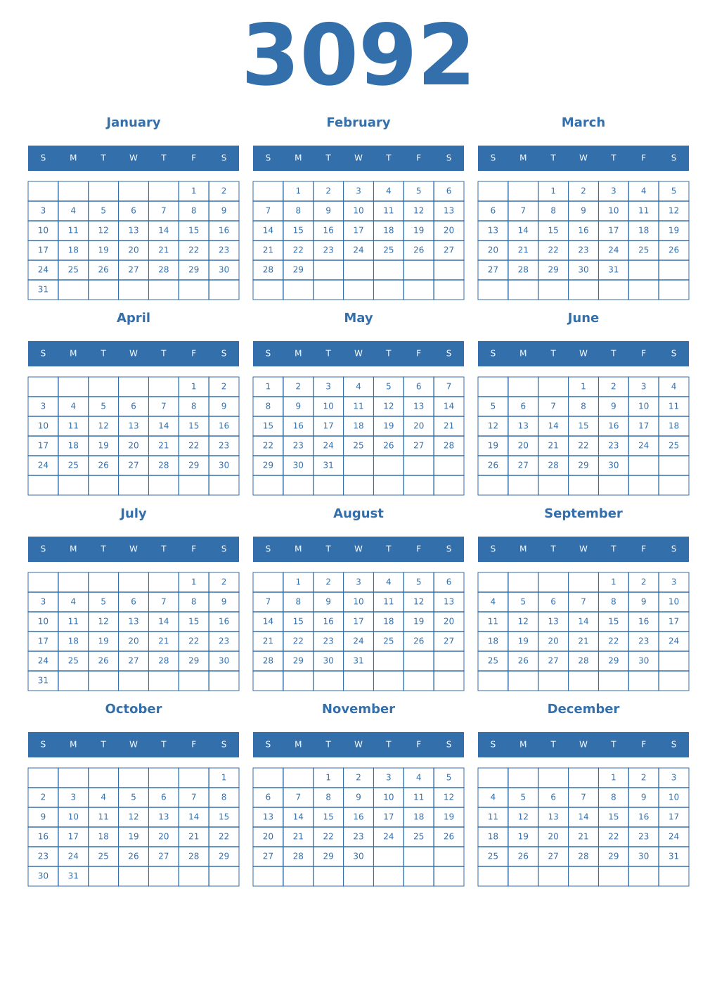 Printable 3092 Year Calendars blue