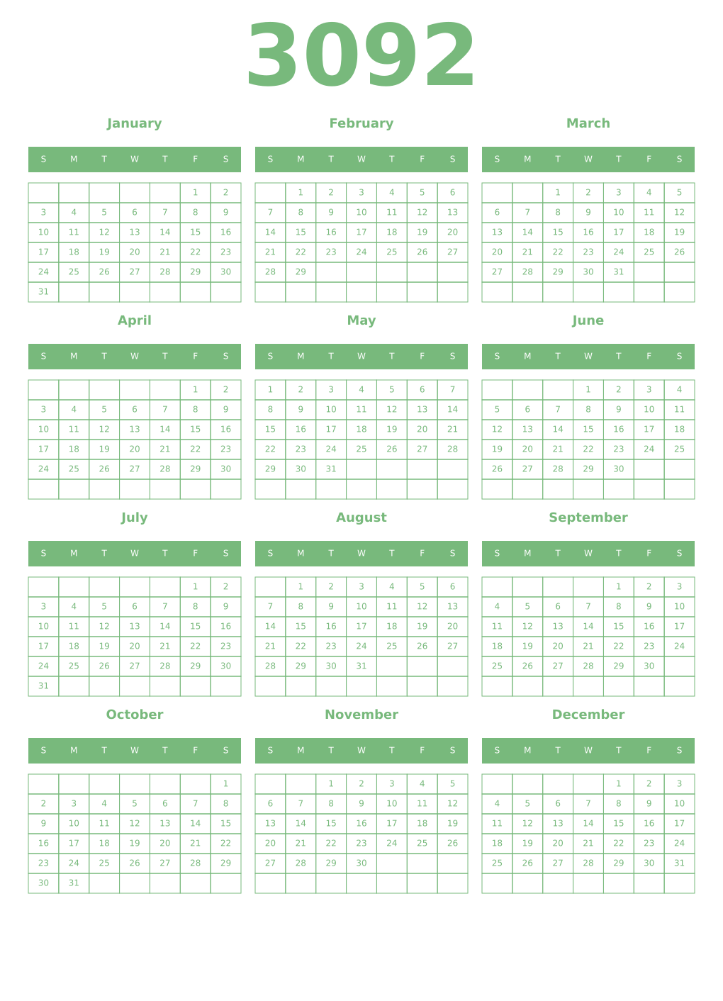 Printable 3092 Year Calendars celadon