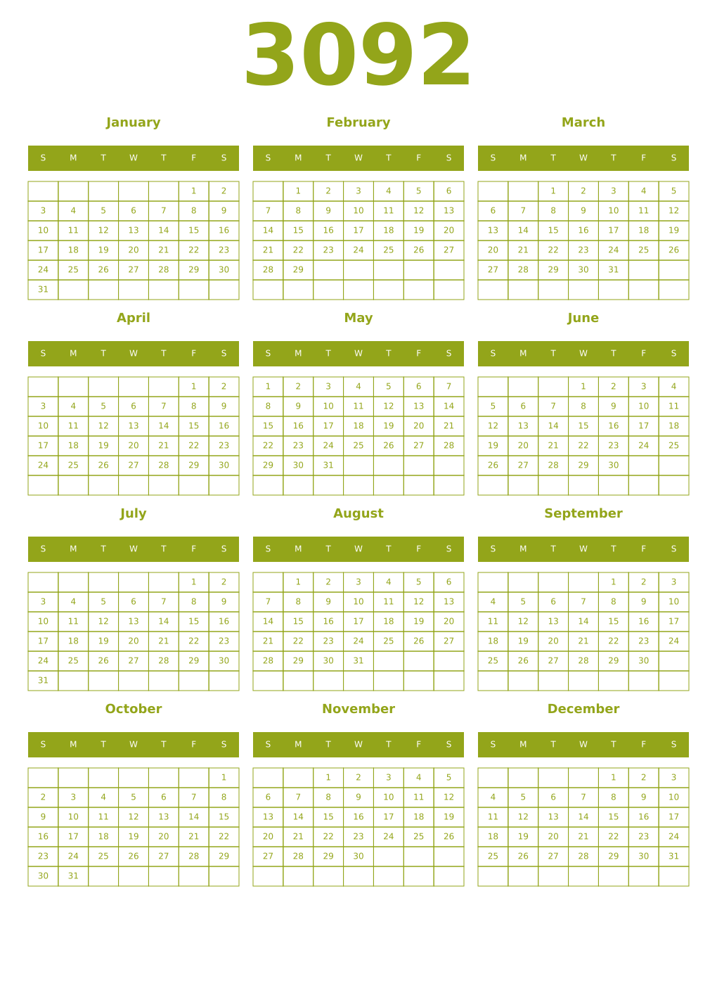 Printable 3092 Year Calendars chartreuse