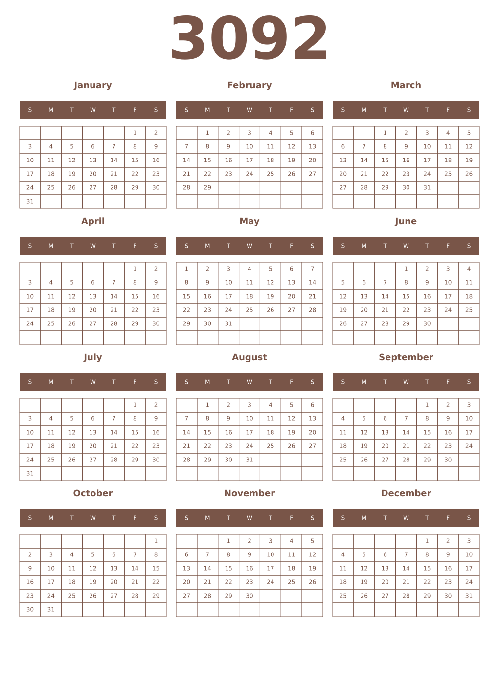 Printable 3092 Year Calendars coffe
