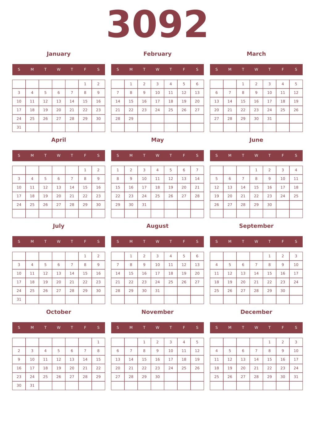 Printable 3092 Year Calendars cordovan