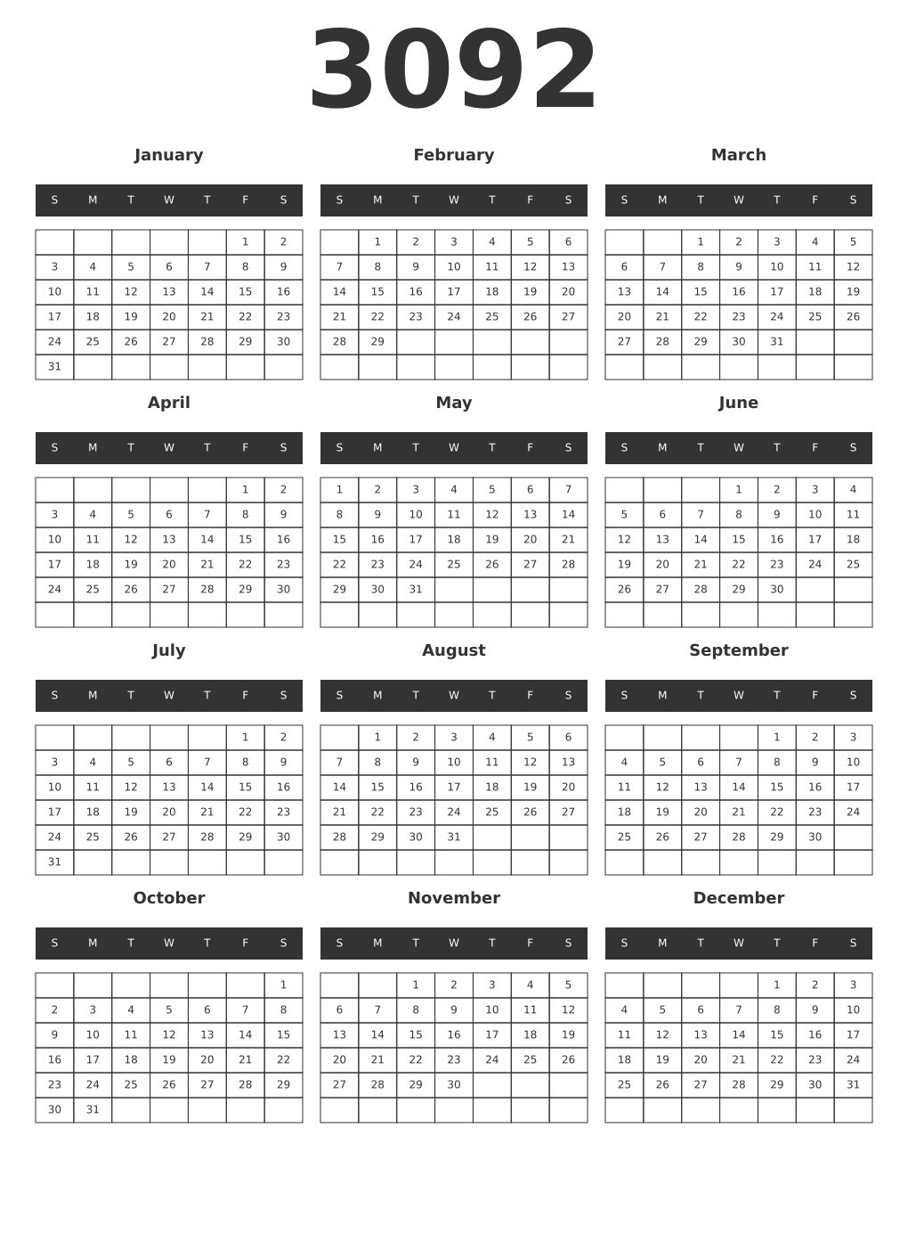 Printable 3092 Year Calendars dark