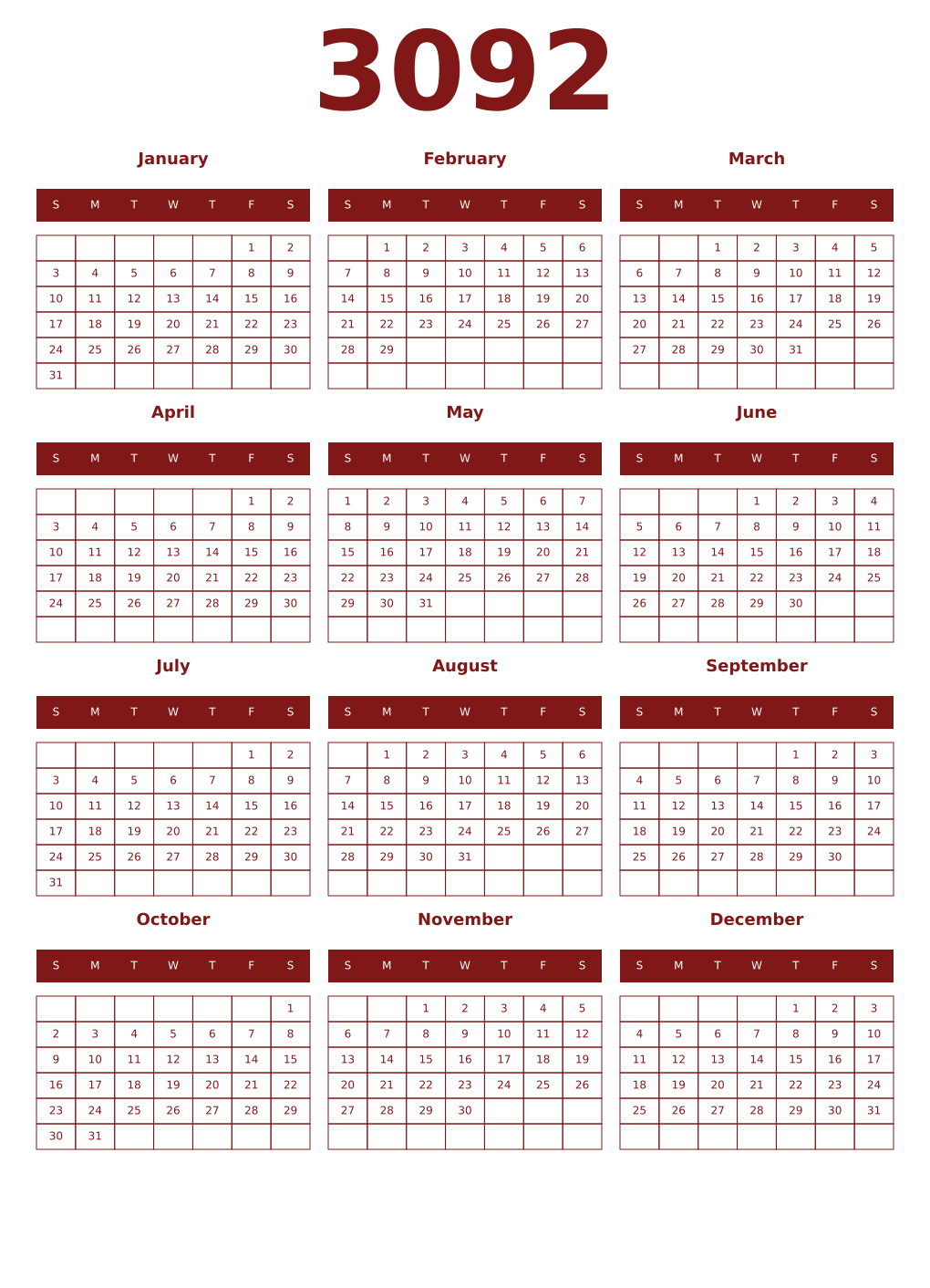 Printable 3092 Year Calendars falu