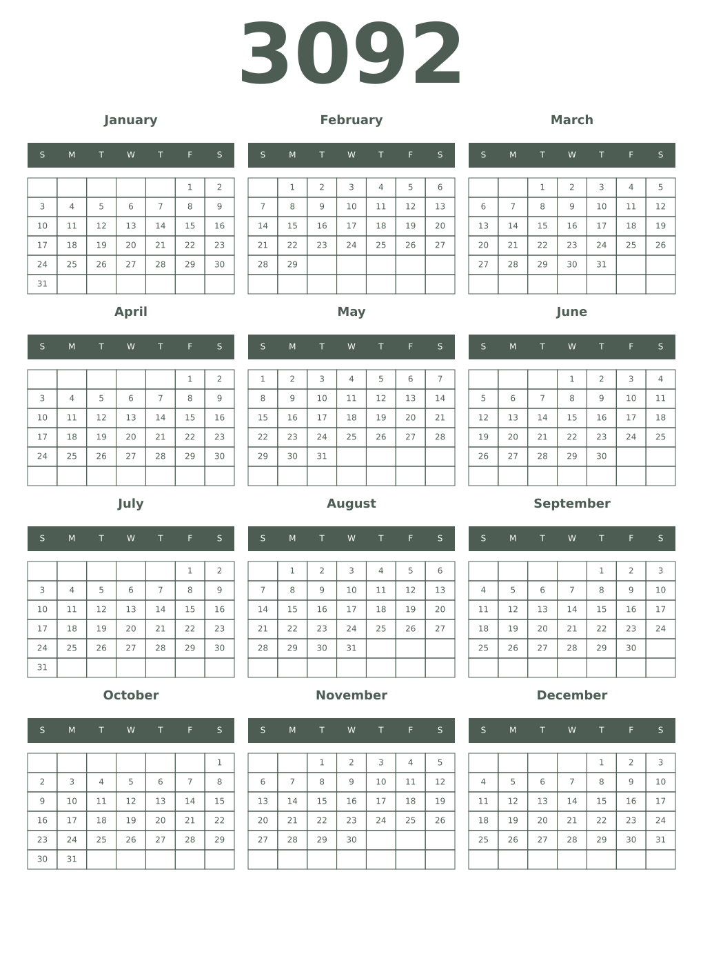Printable 3092 Year Calendars feldgrau