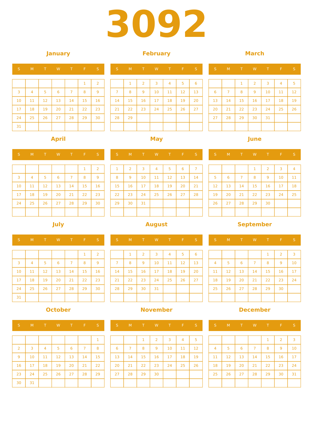 Printable 3092 Year Calendars gamboge