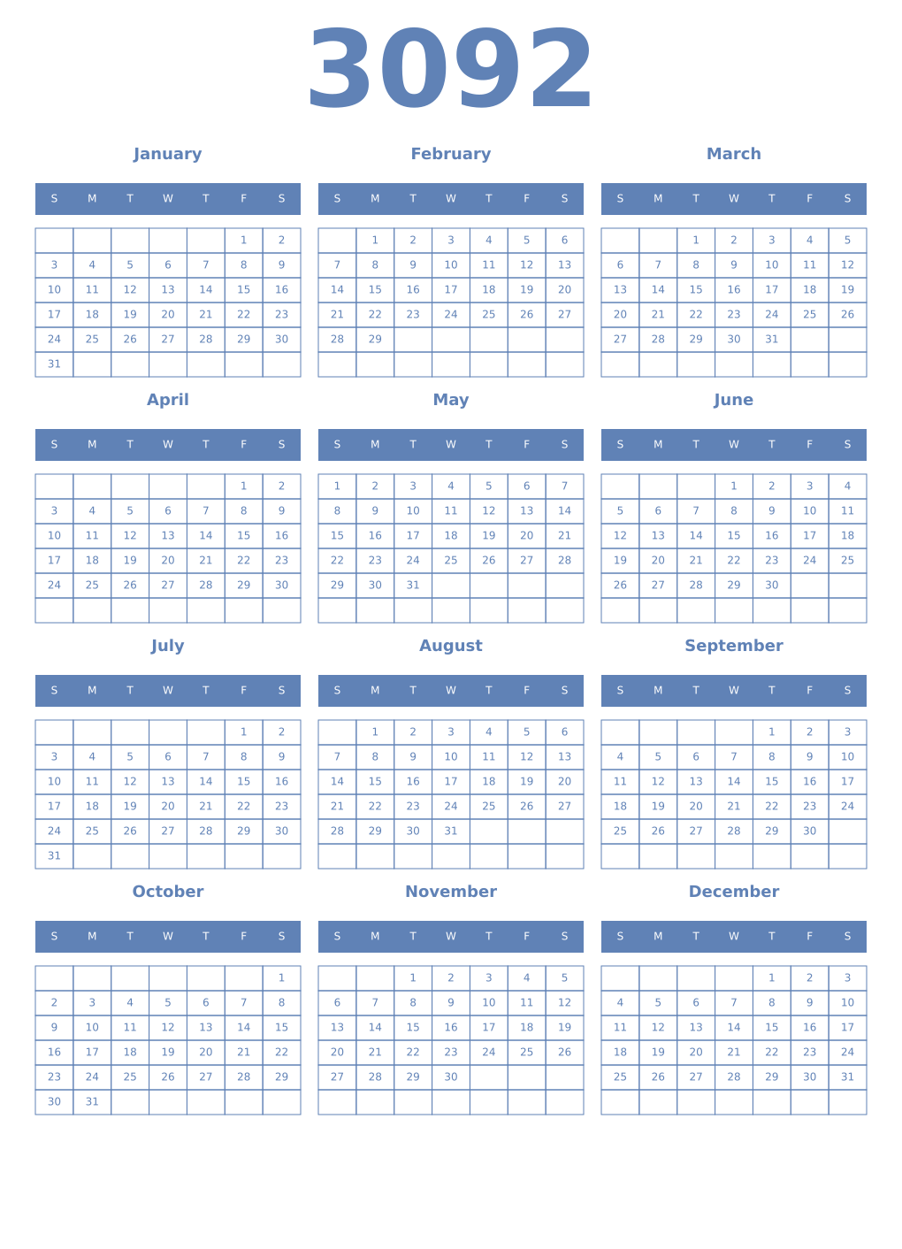 Printable 3092 Year Calendars glaucous