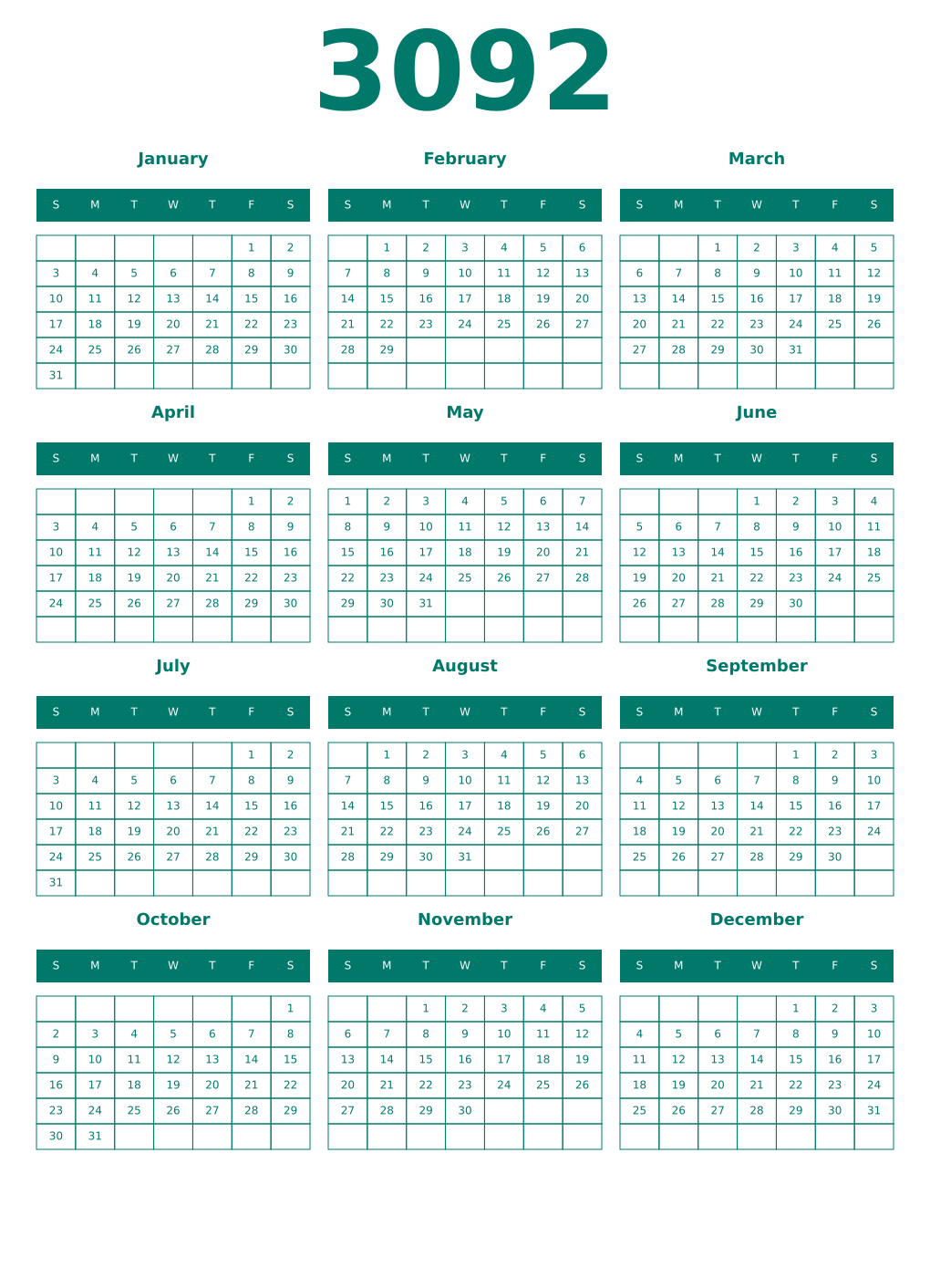 Printable 3092 Year Calendars pastel