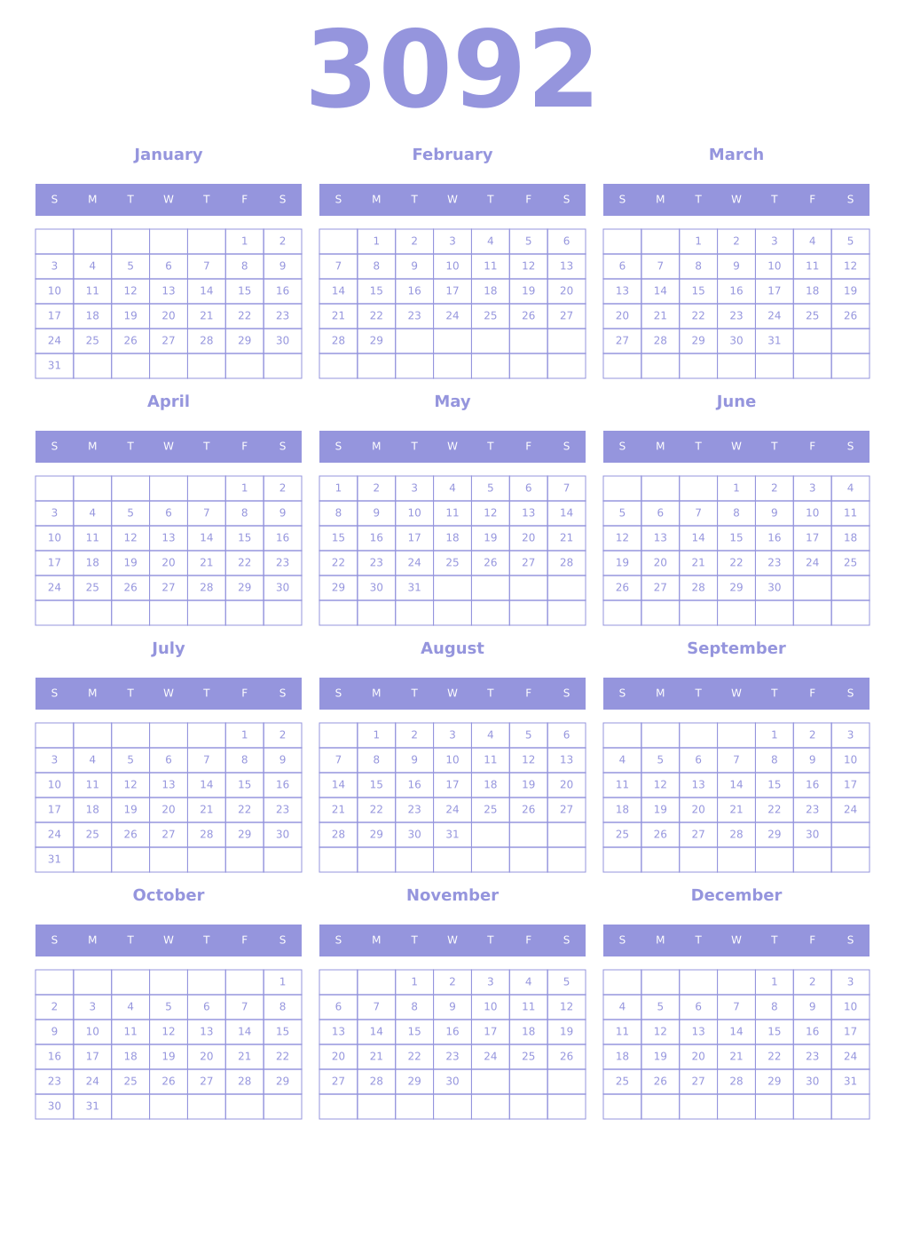 Printable 3092 Year Calendars periwinkle