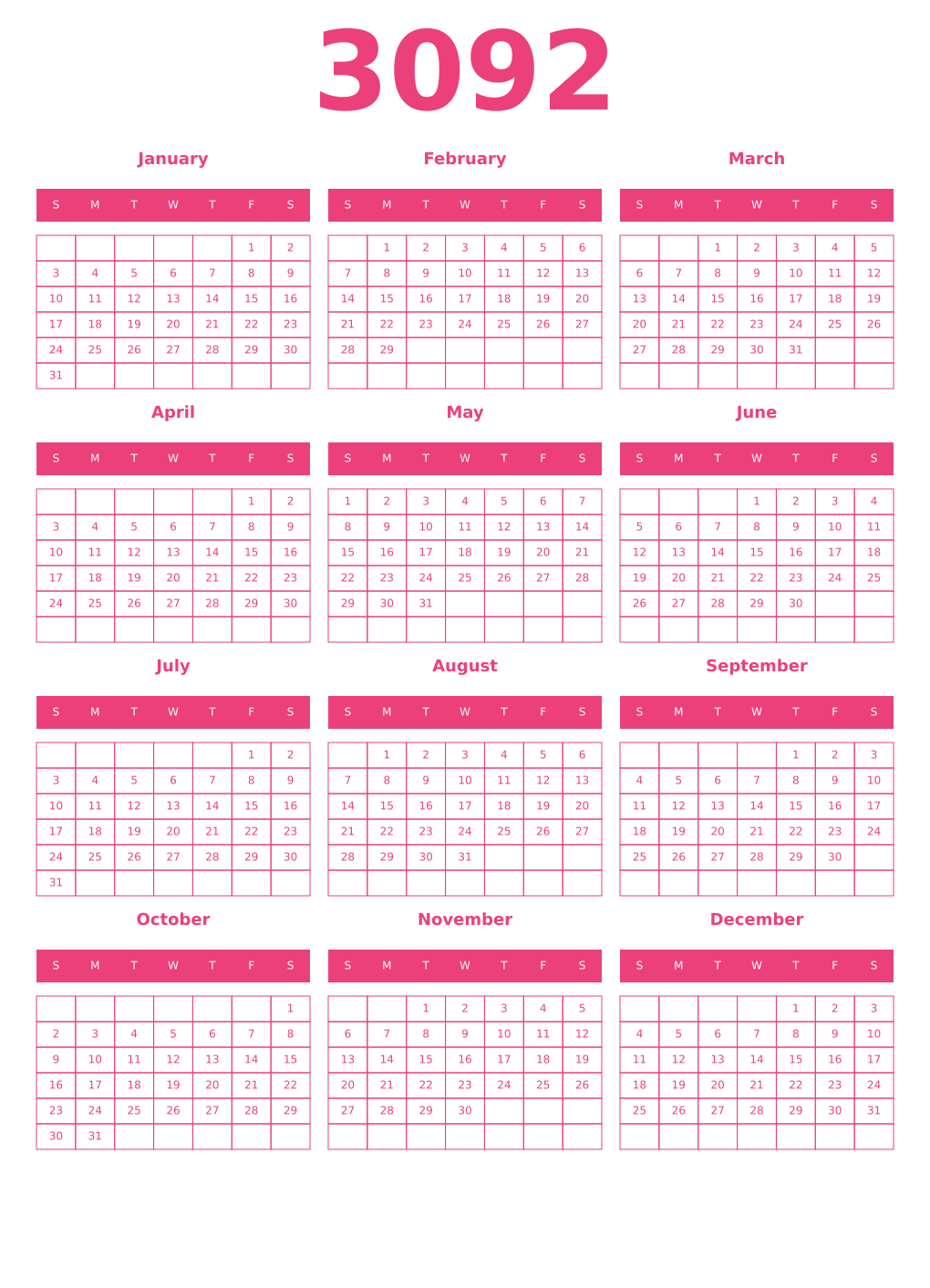 Printable 3092 Year Calendars pink