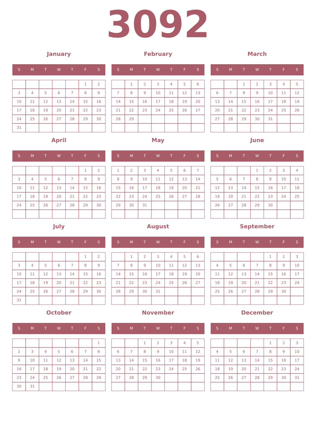 Printable 3092 Year Calendars puce