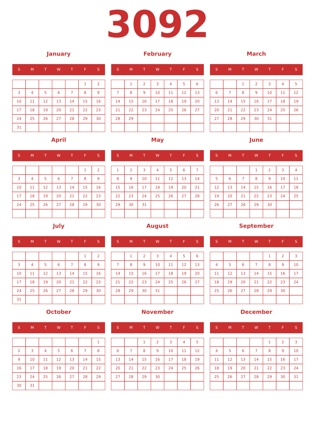 Printable 3092 Year Calendars red