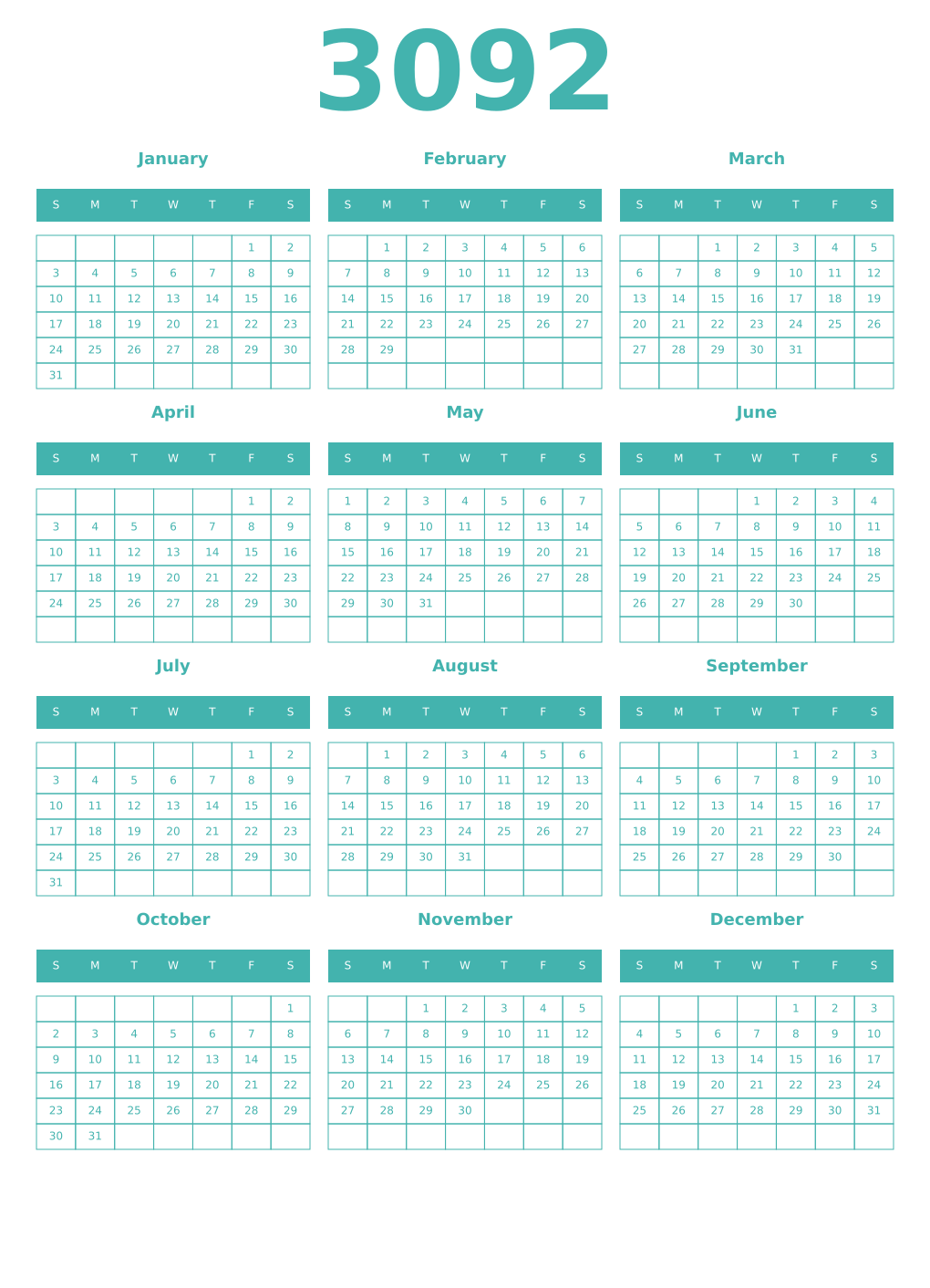 Printable 3092 Year Calendars verdigris