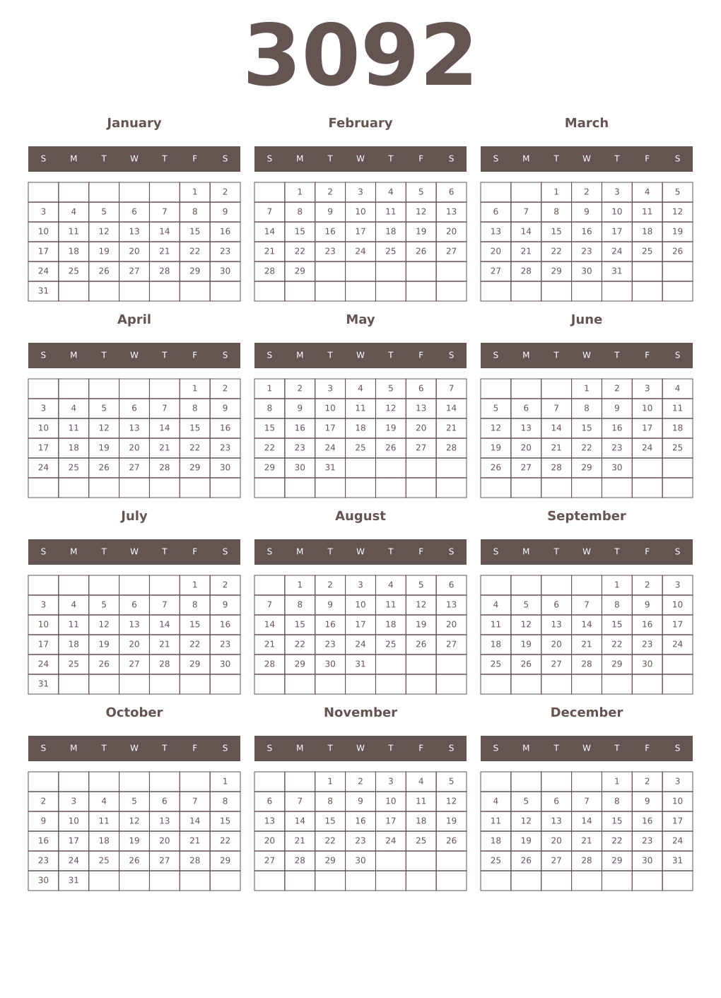 Printable 3092 Year Calendars wenge