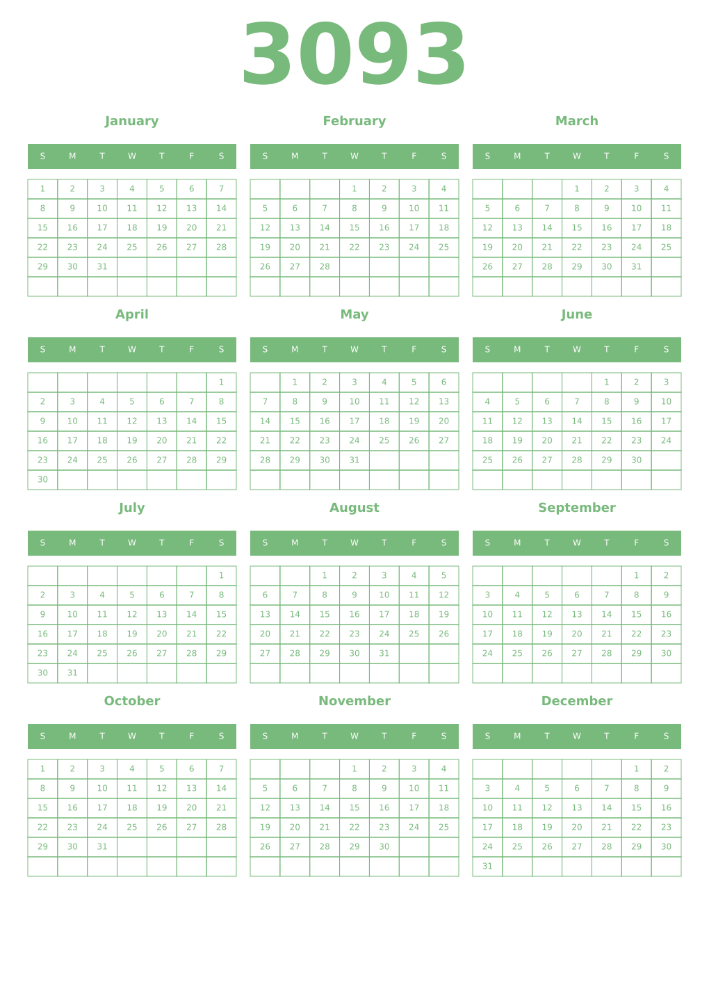 Printable 3093 Year Calendars celadon