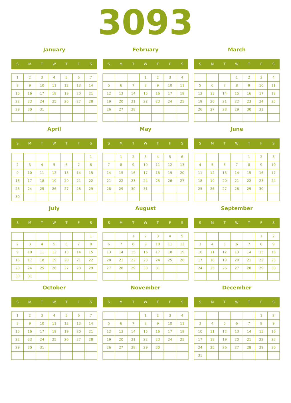 Printable 3093 Year Calendars chartreuse