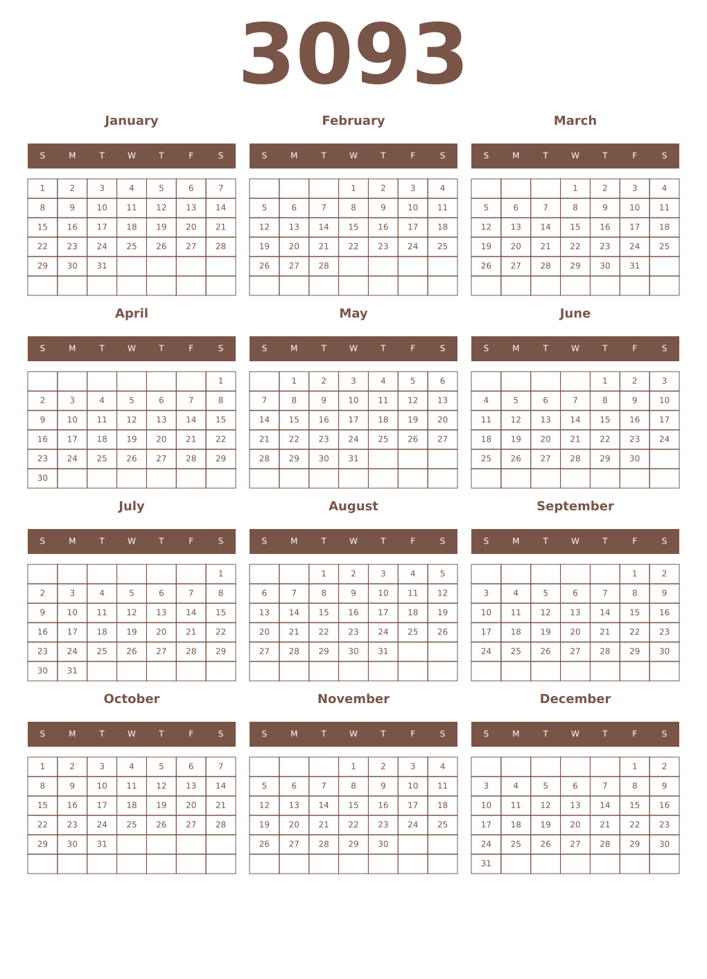 Printable 3093 Year Calendars coffe