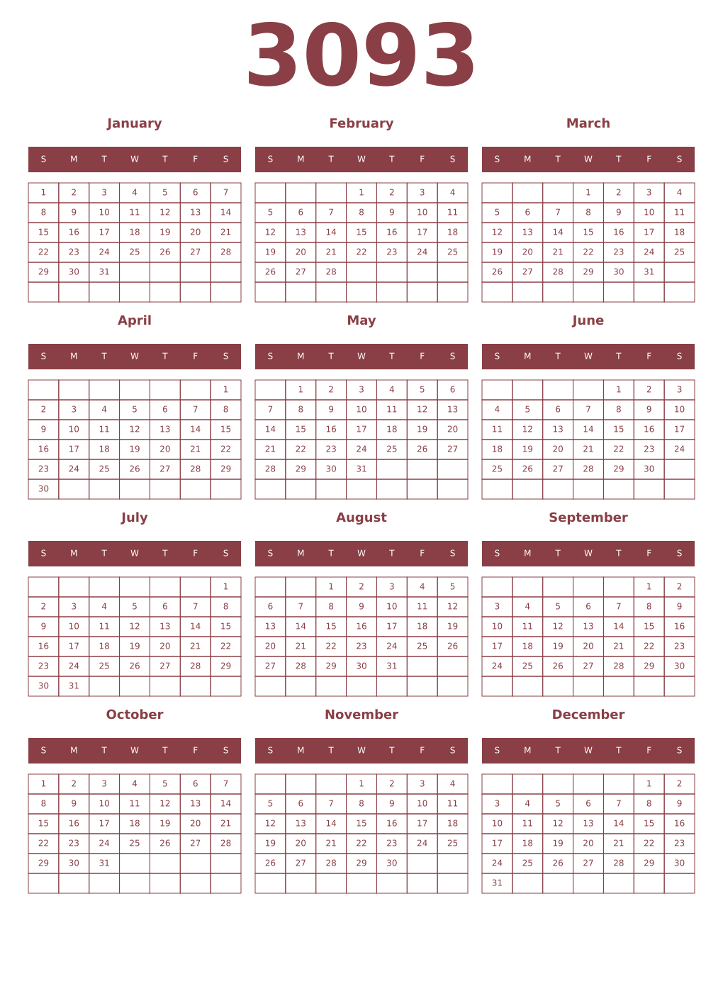 Printable 3093 Year Calendars cordovan