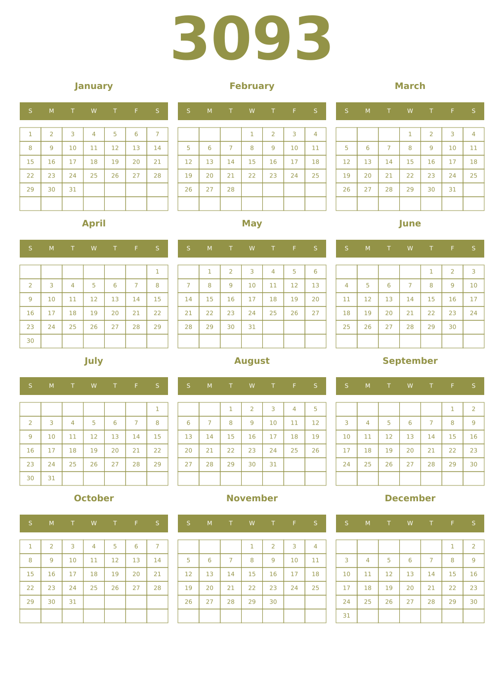 Printable 3093 Year Calendars eburnean