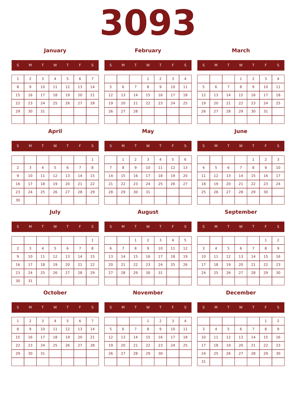 Printable 3093 Year Calendars falu
