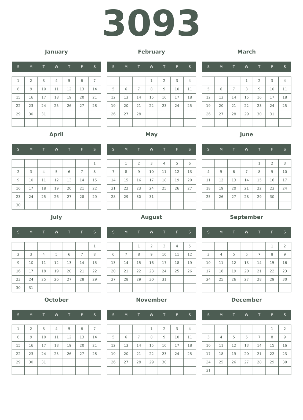 Printable 3093 Year Calendars feldgrau