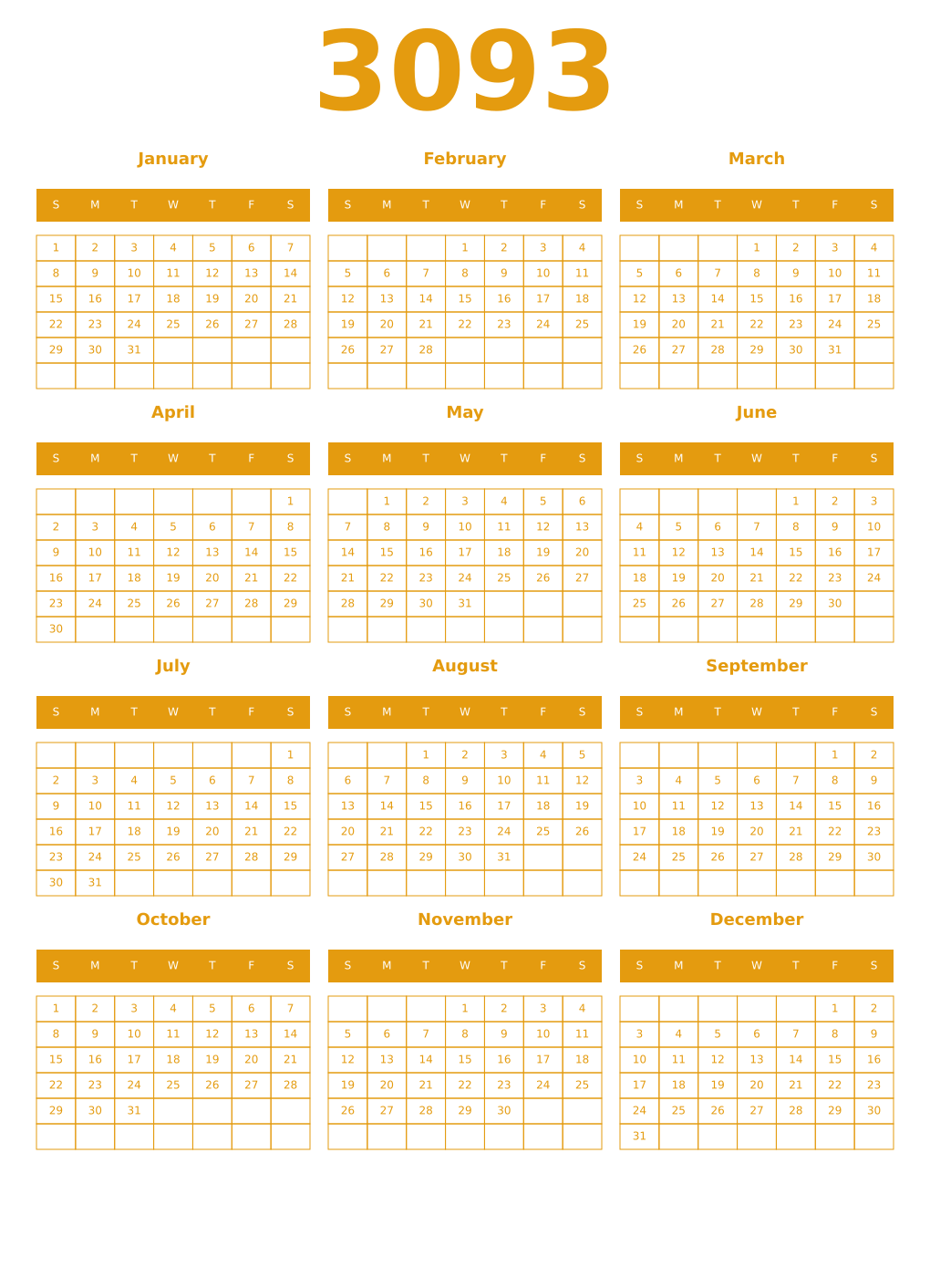 Printable 3093 Year Calendars gamboge